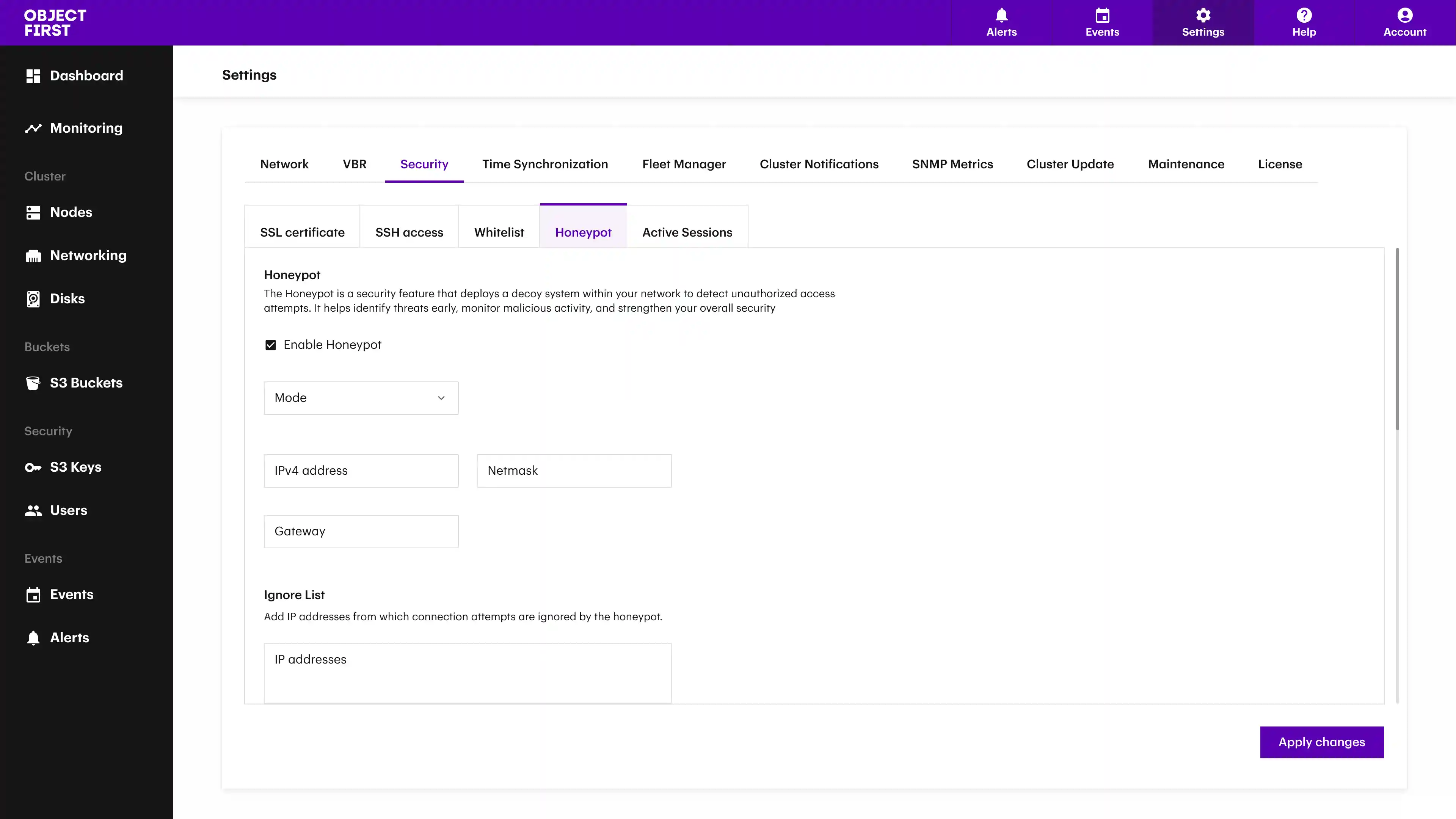 Cluster Manager security settings showing the Honeypot configuration screen in the Object First interface.