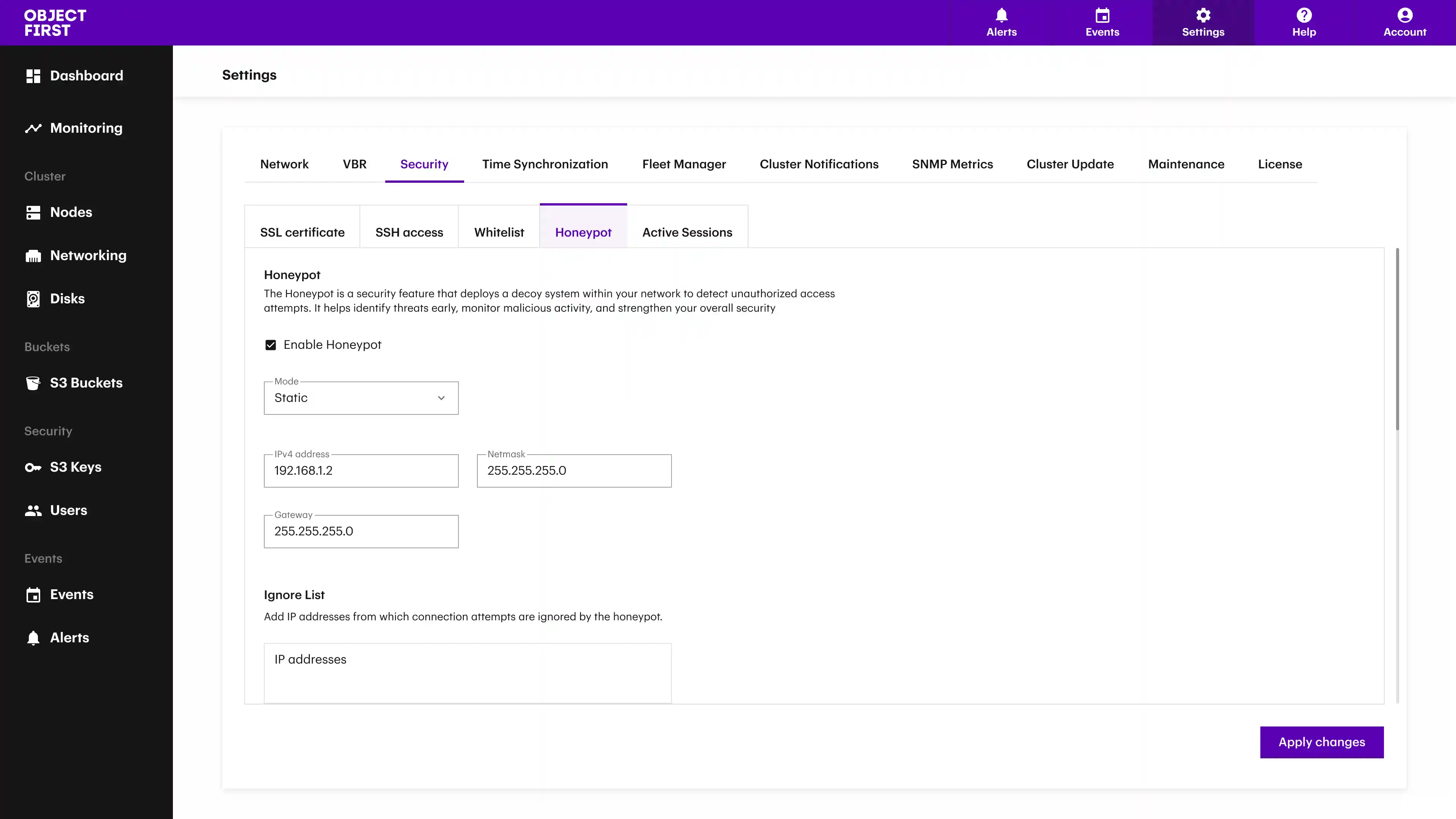 Honeypot network settings showing IP mode options for DHCP or static configuration.